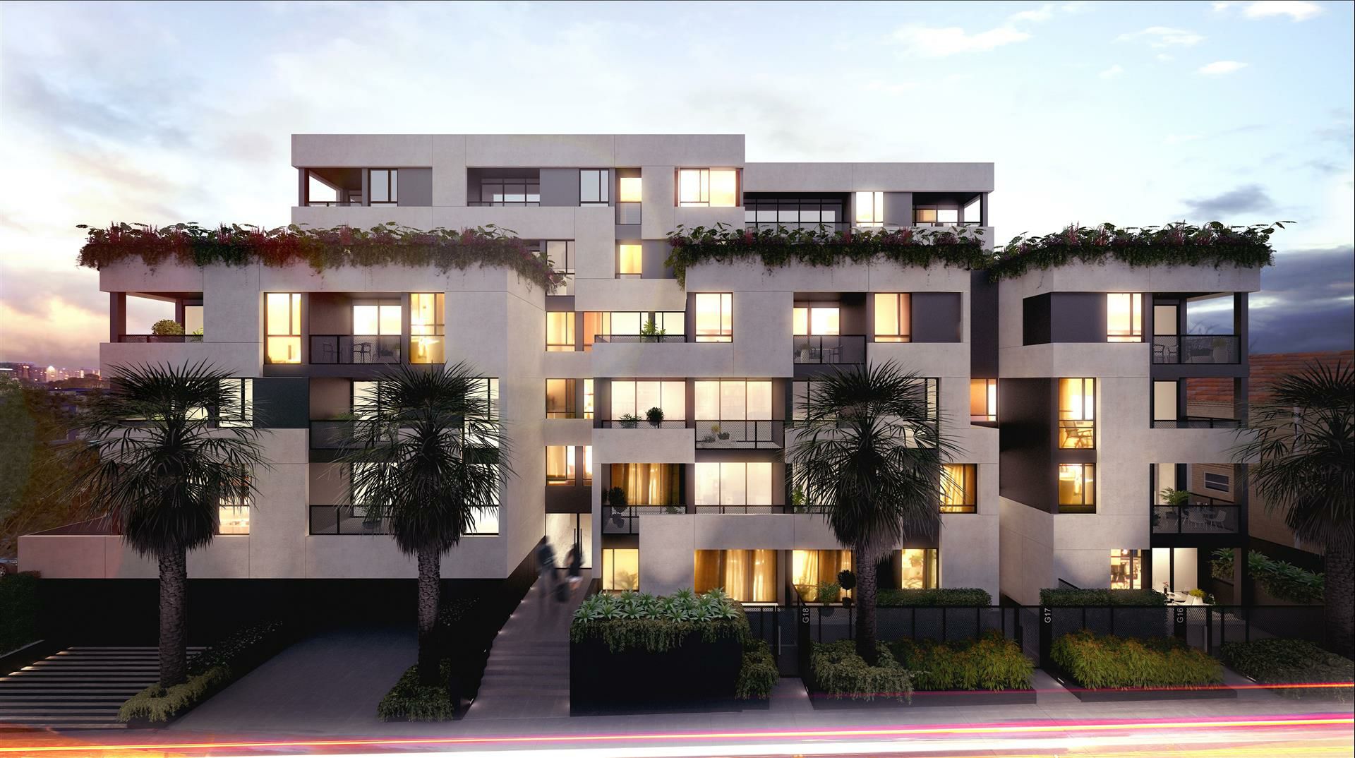 Earth Electrical Contractors undertook the electrical fitout on 9 Darling Street South Yarra, pictured lit up at night 